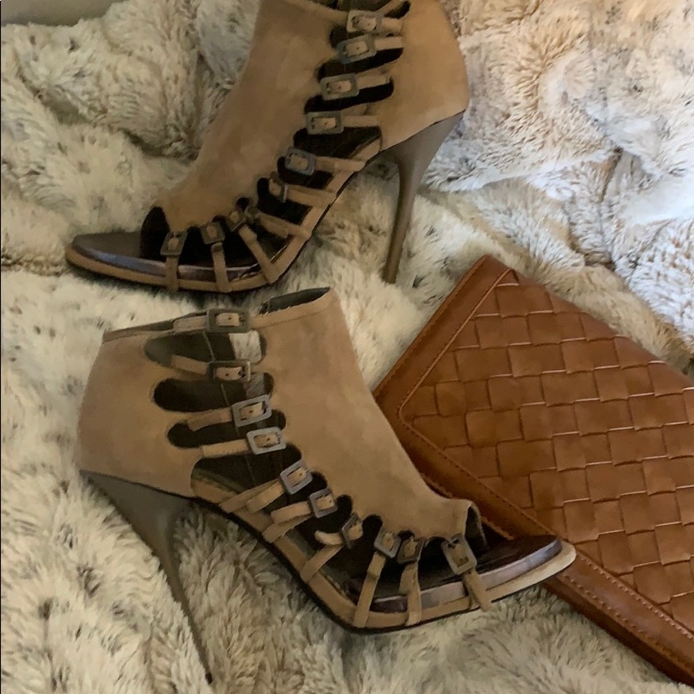 Bebe Tan Buckle Stilettos